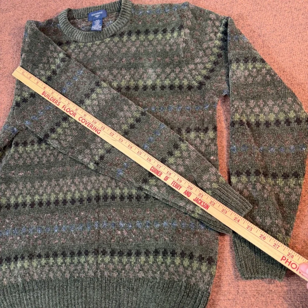Dockers Fair Isle Sweater Mens Medium Green Geometric Knit Crewneck Pullover